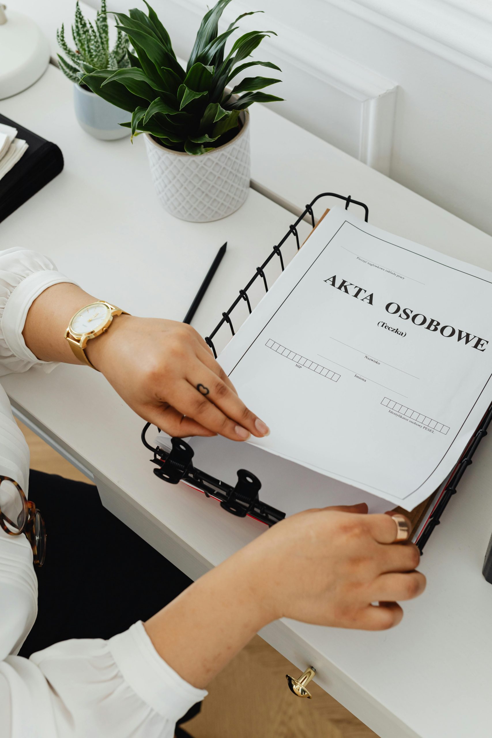 Close-up of hands organizing documents at a desk, featuring office supplies and a plant for added decor.